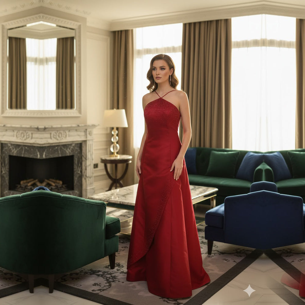 Shop online from our exclusive website. Discover the Varonika red evening gown featuring sparkling embellishments, a flattering floor-length silhouette, and timeless elegance for weddings, galas, and special occasions.