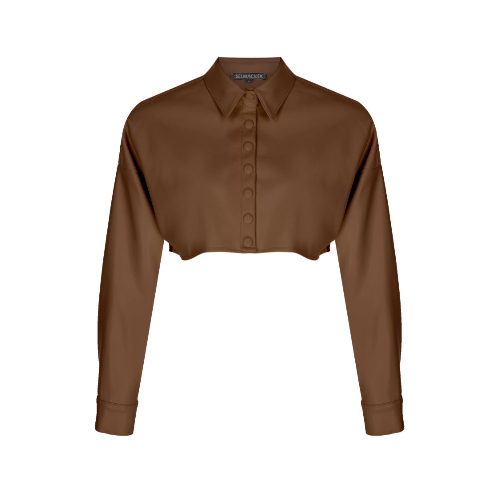 Vegan-Leather Crop Shirt. 100% FAUX-LEATHER POLYESTER.