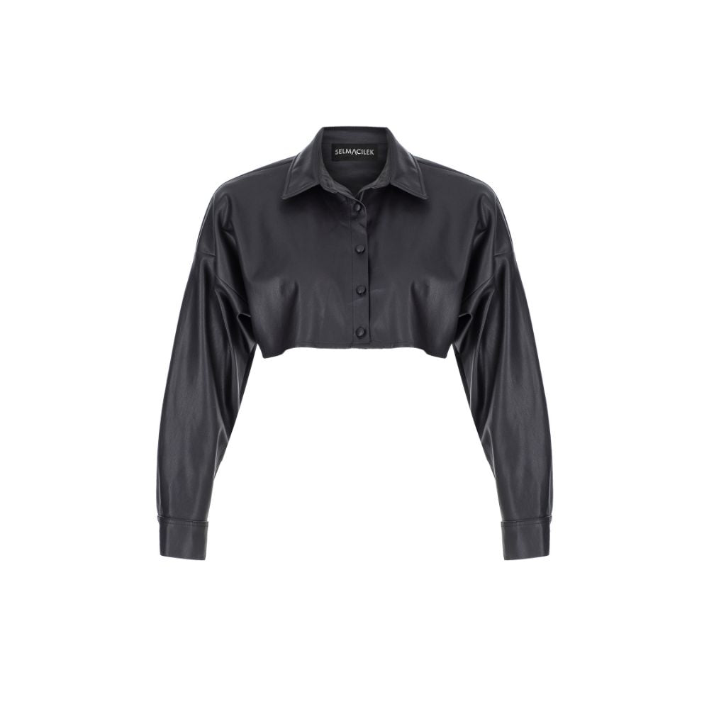 Vegan-Leather Crop Shirt. 100% FAUX-LEATHER POLYESTER.