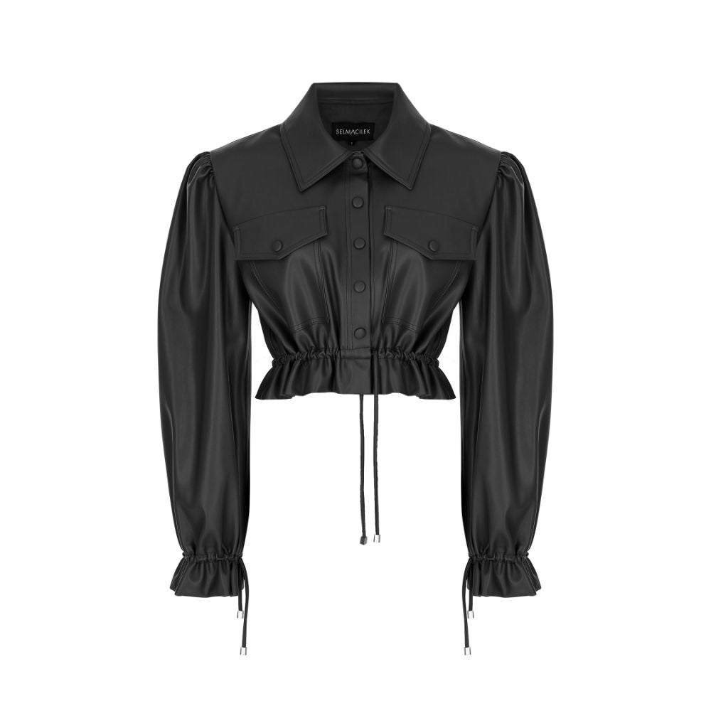 Vegan-Leather Tie-Detailed Crop Jacket. 100% FAUX-LEATHER POLYESTER.