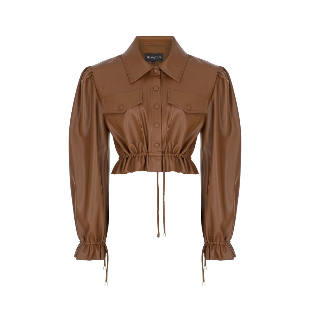 Vegan-Leather Tie-Detailed Crop Jacket. 100% FAUX-LEATHER POLYESTER.