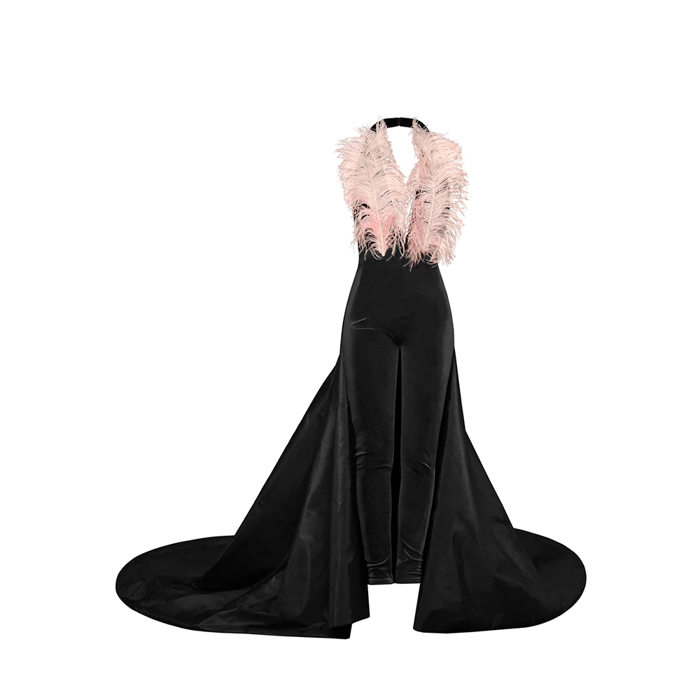 Black velvet jumpsuit with pink ostrich feathers, Black taffeta train.