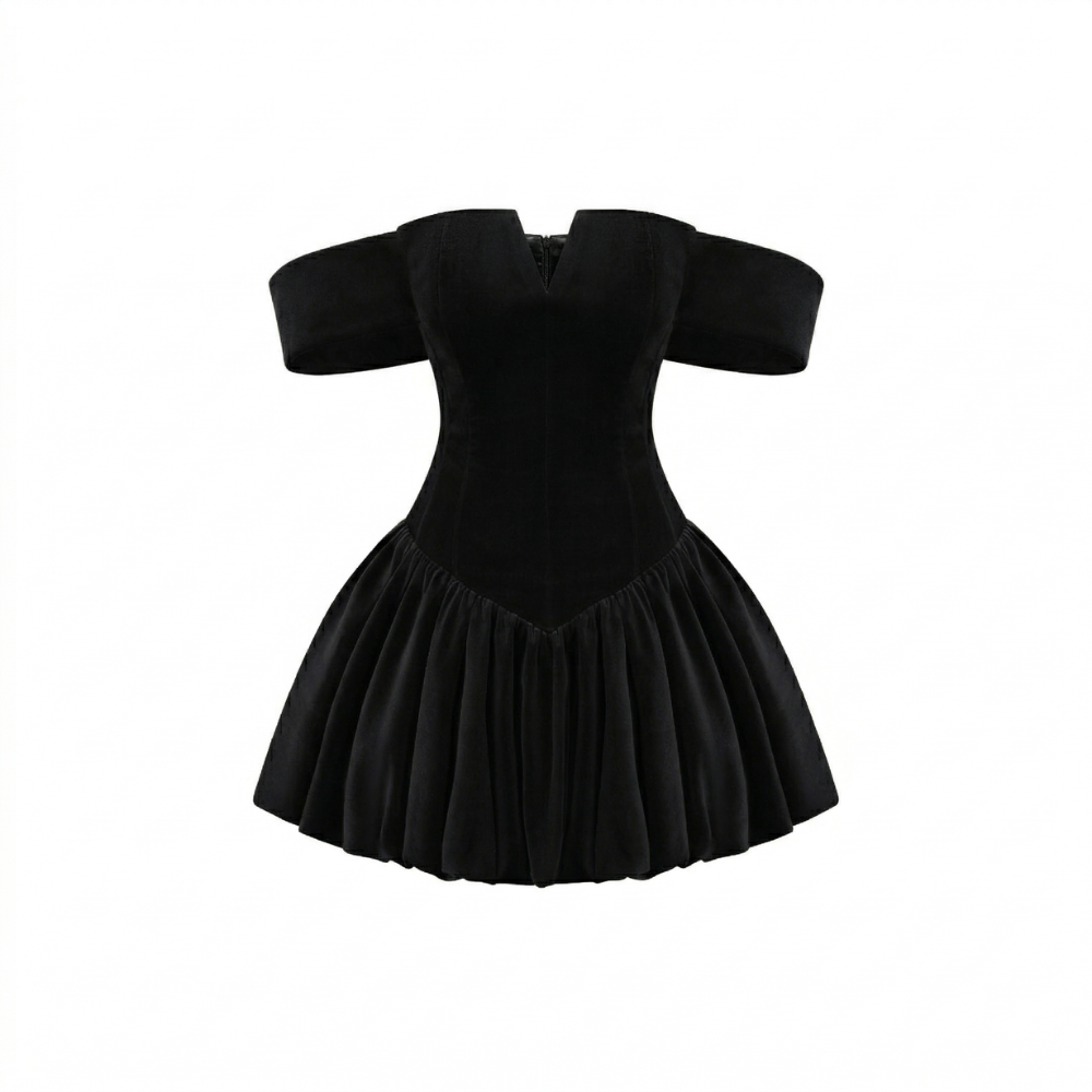 Elegant velvet corset dress with a beautiful neckline and flowing full skirt. Shop now at our exclusive clothing website.