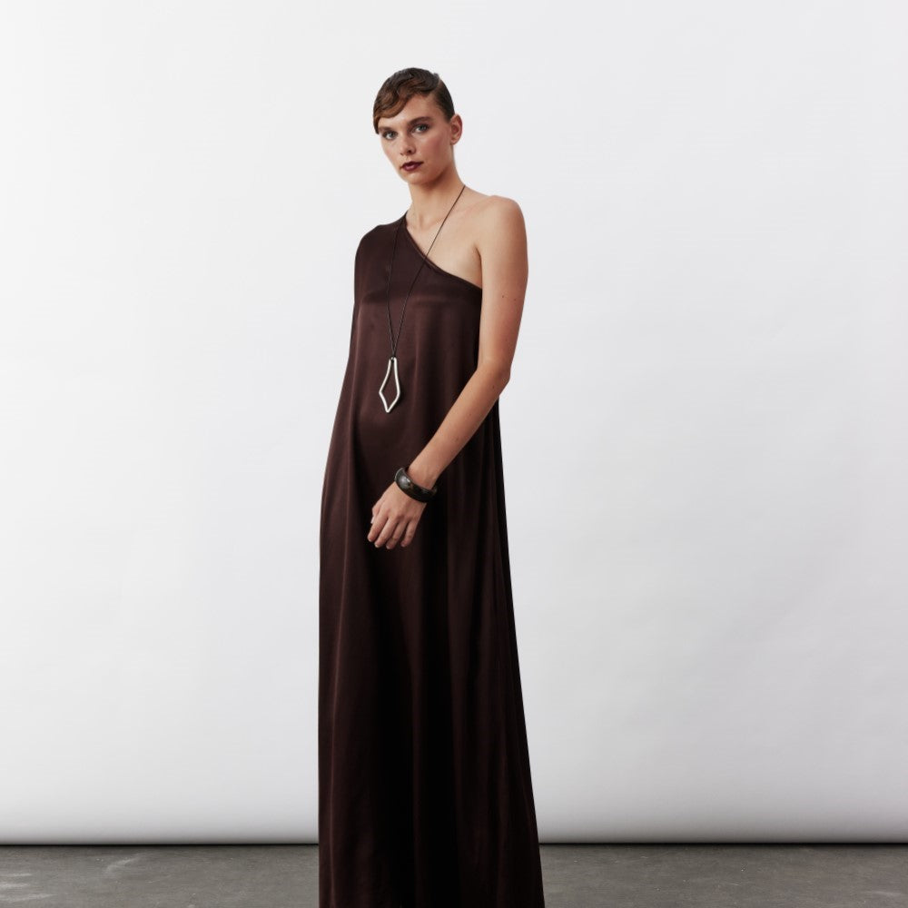Venus One Shoulder Maxi Dress In Dark Chocolate