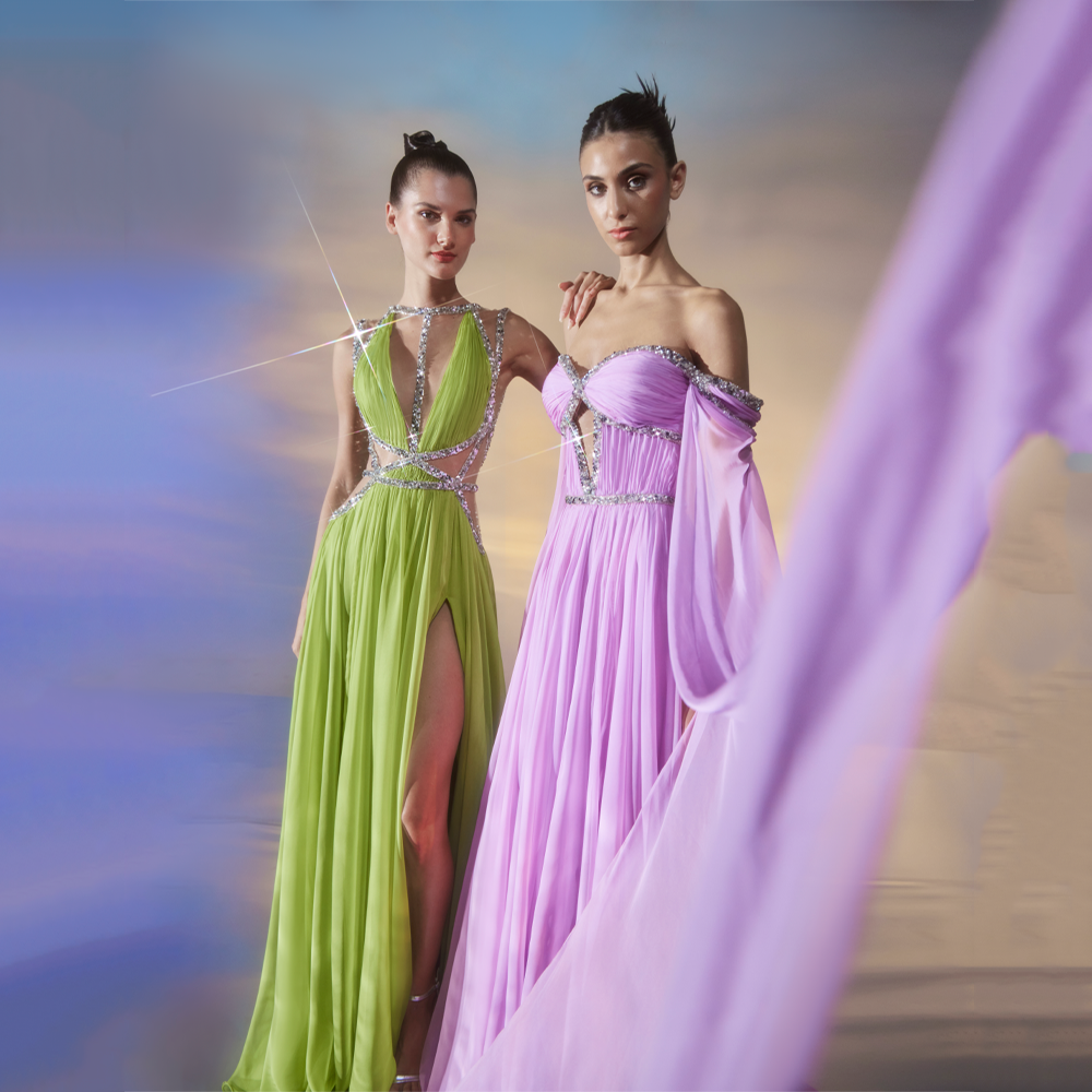 Vibrant Lilac chiffon dress, off-shoulder cape sleeves silhouette featuring silver embellished borders.