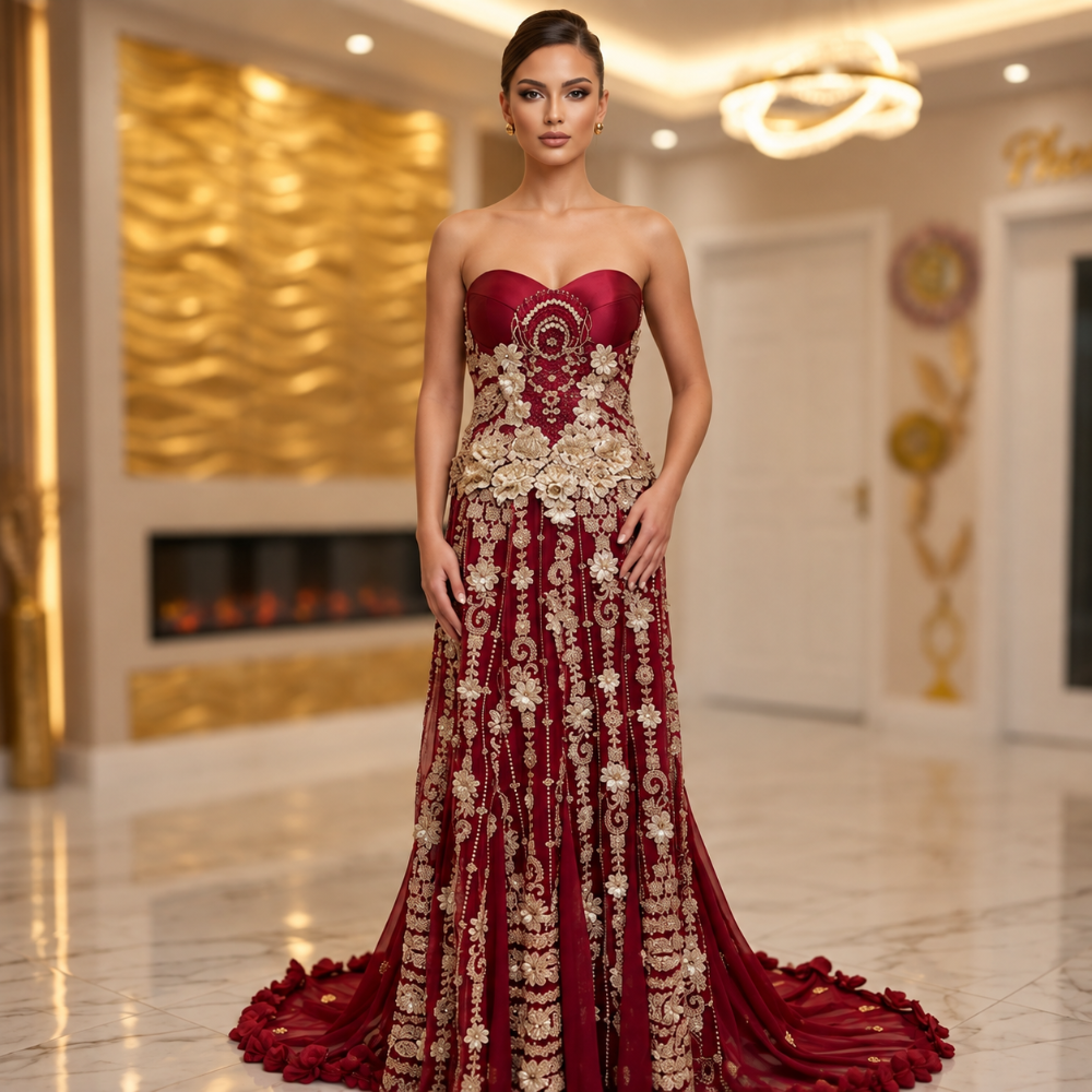 Shop the Viny floor-length wine gown featuring a fitted strapless sweetheart bodice and elegant silhouette. Perfect for special occasions. Shop online from our exclusive website.