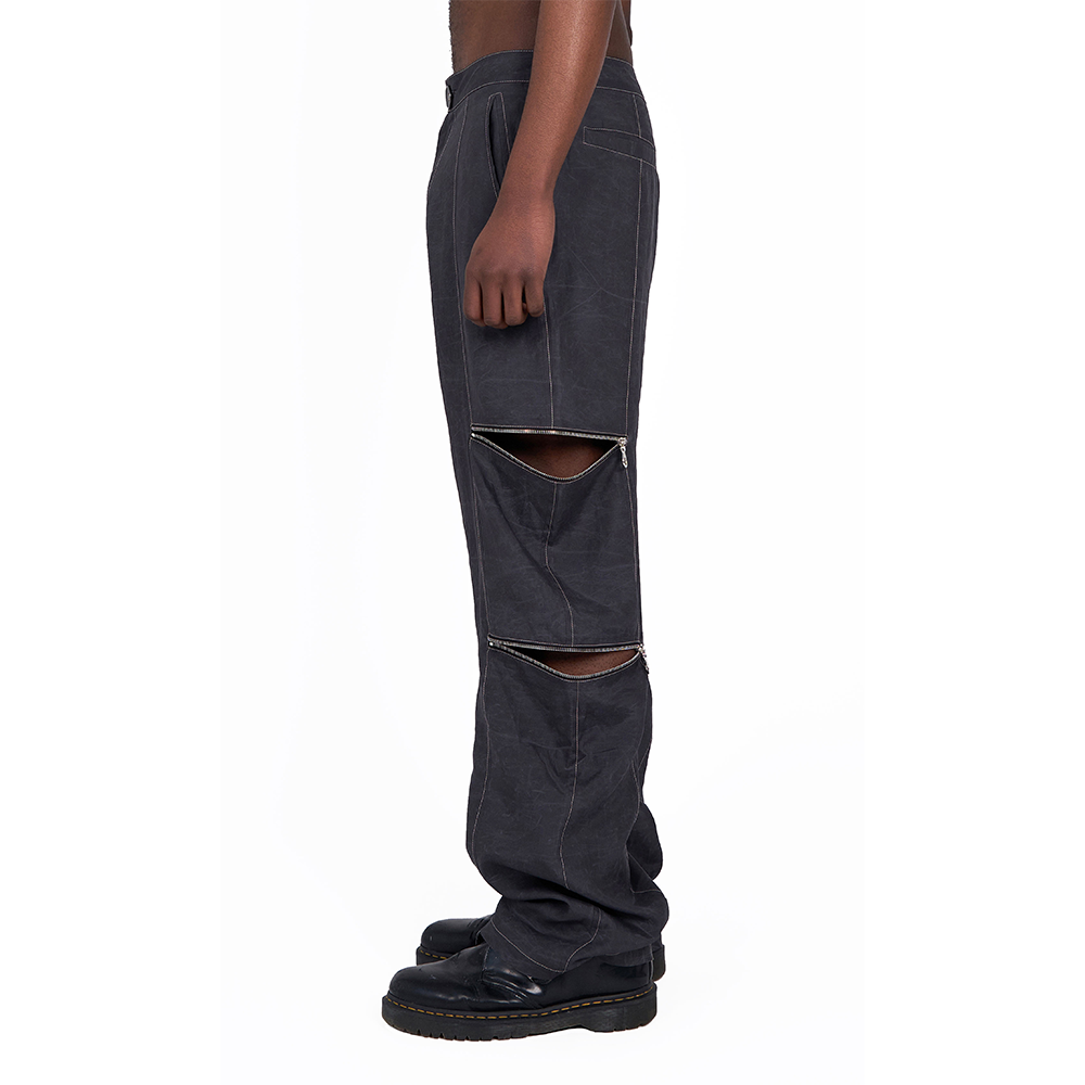 Waxed Tencel Trousers With Zip Openings