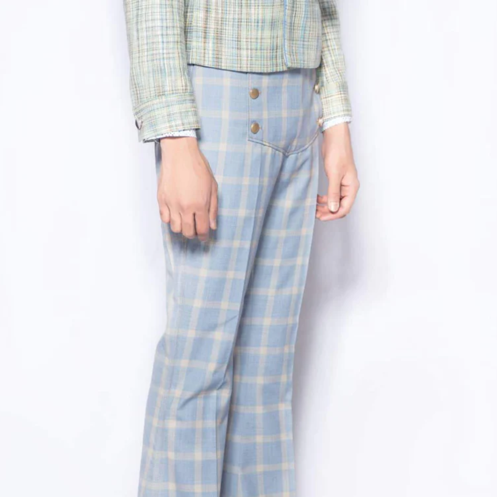 VintageStyled High-Waisted Trousers with Bell Bottoms and Plaid Pattern are Made from Imported Lightweight Merino Wool Fabric