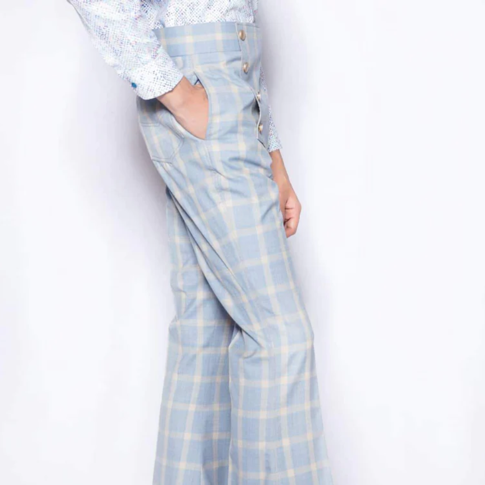 VintageStyled High-Waisted Trousers with Bell Bottoms and Plaid Pattern are Made from Imported Lightweight Merino Wool Fabric