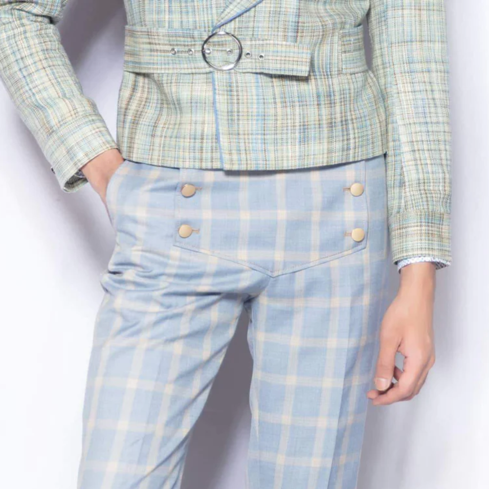 VintageStyled High-Waisted Trousers with Bell Bottoms and Plaid Pattern are Made from Imported Lightweight Merino Wool Fabric