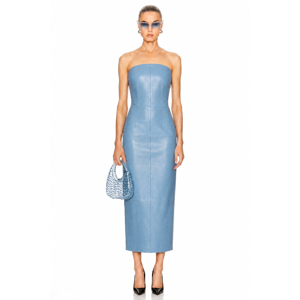 Shop online from our exclusive website and discover the Whale Olive Leather Midi Dress by Benedetti Life, crafted from Oleatex® plant-based leather for sustainable modern elegance and sculptural design.
