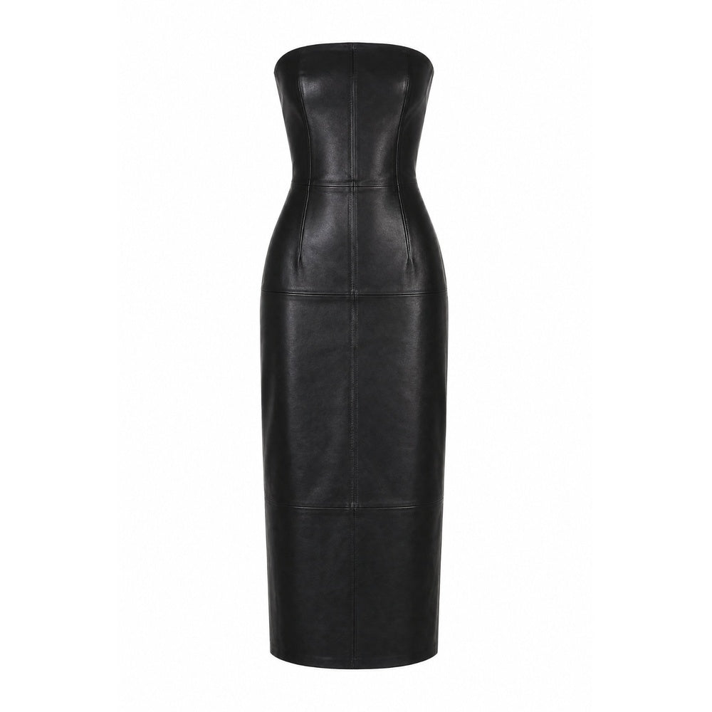 Shop online from our exclusive website and discover the Whale Olive Leather Midi Dress by Benedetti Life, crafted from Oleatex® plant-based leather for sustainable modern elegance and sculptural design.