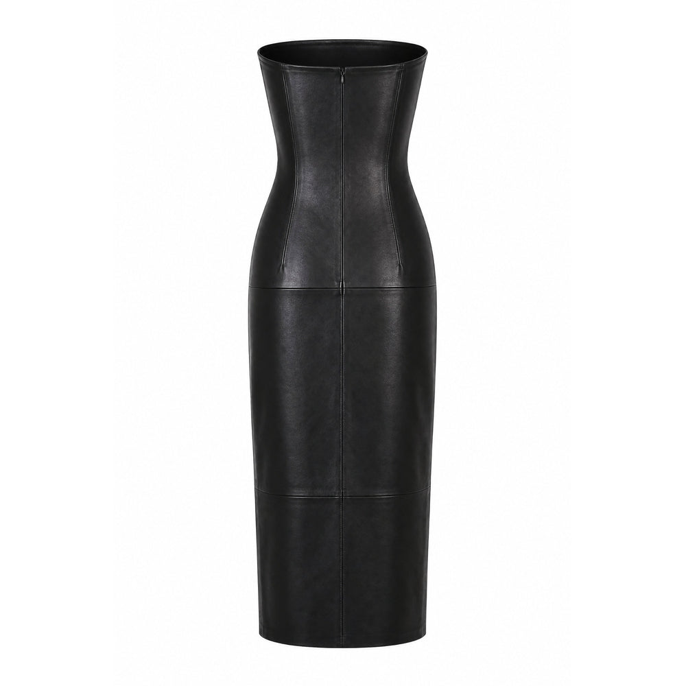 Shop online from our exclusive website and discover the Whale Olive Leather Midi Dress by Benedetti Life, crafted from Oleatex® plant-based leather for sustainable modern elegance and sculptural design.