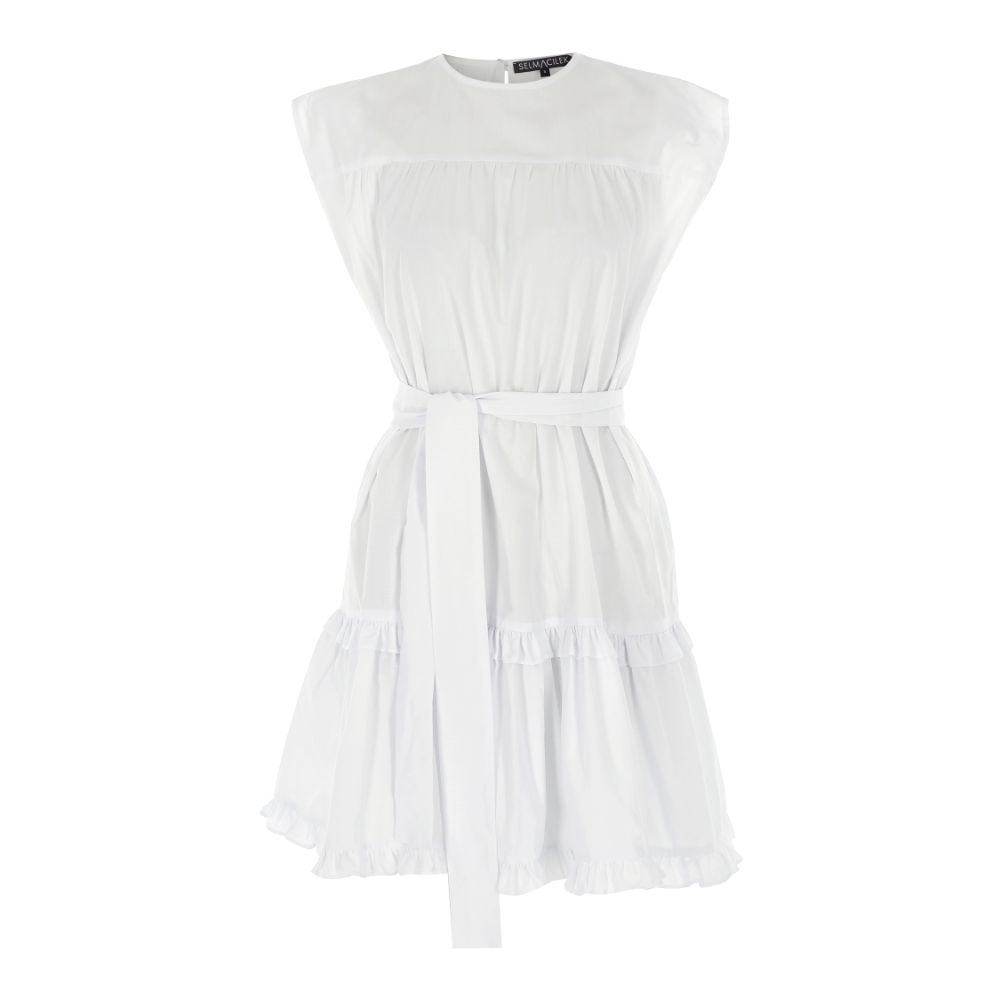 WHITE BELT-DETAILED POPLIN MINI DRESS 100% COTTON