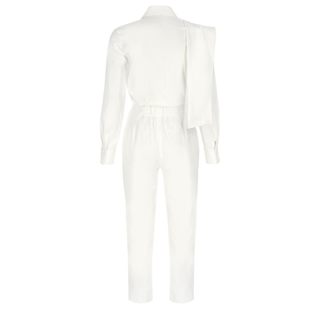 White Canvas Scarf-Detailed Jumpsuit. 97% COTTON /3% EA.