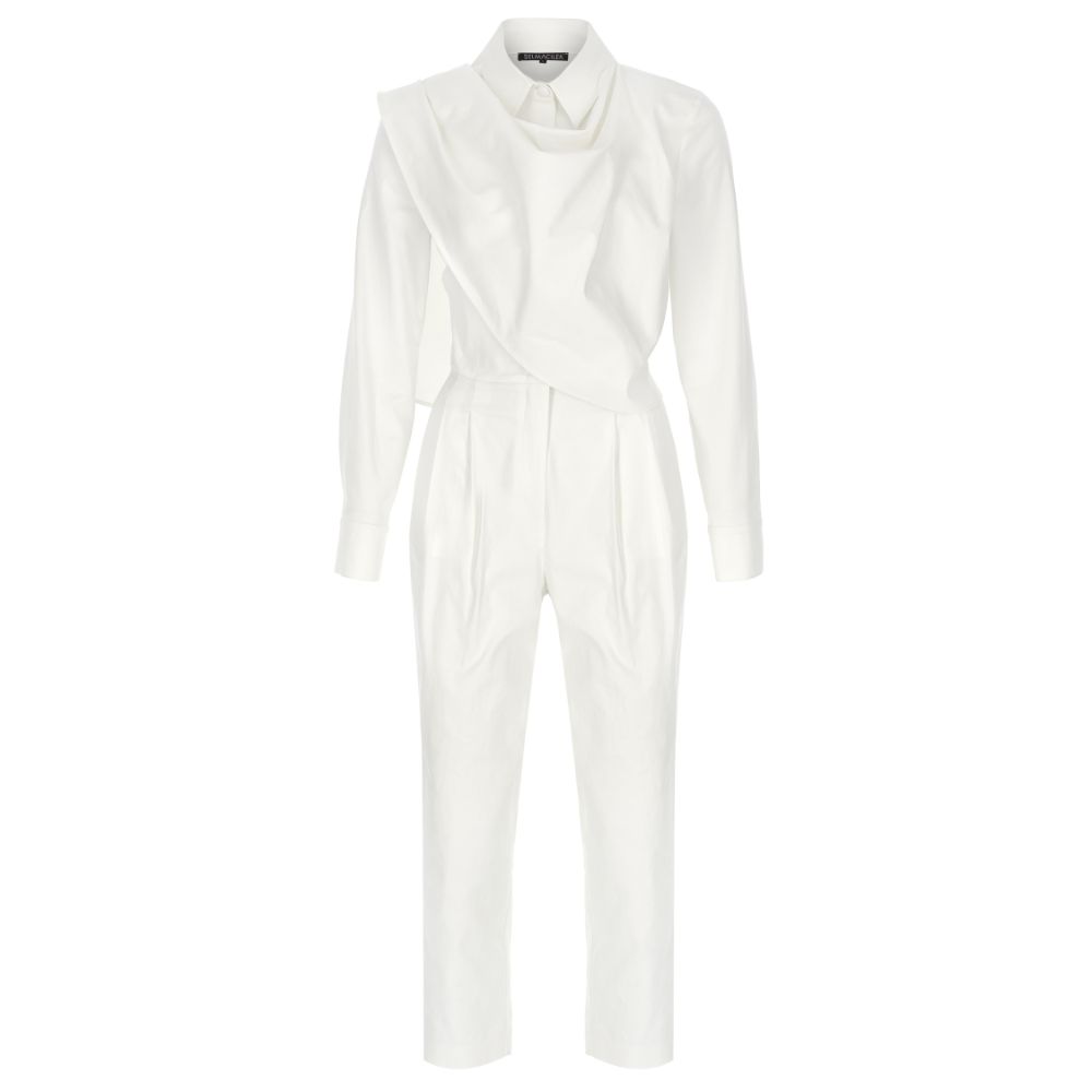 White Canvas Scarf-Detailed Jumpsuit. 97% COTTON /3% EA.