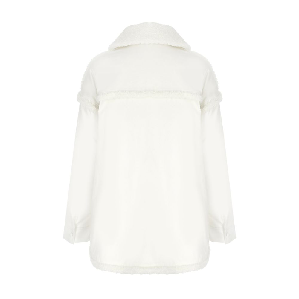 White Cotton Teddy-Detailed Coat. 100% COTTON /100% TEDDY POLYESTER.