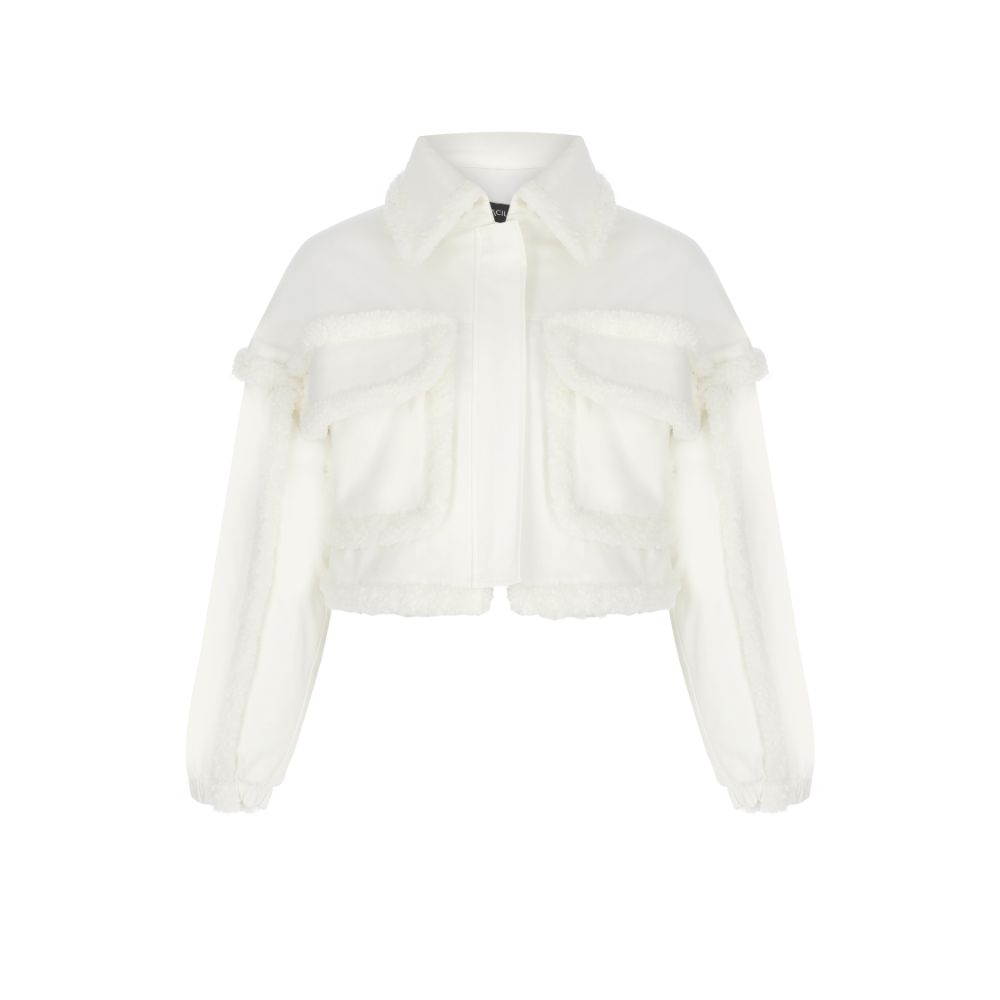 White Cotton Teddy-Detailed Short Coat. 100% COTTON/100% TEDDY POLYESTERA.