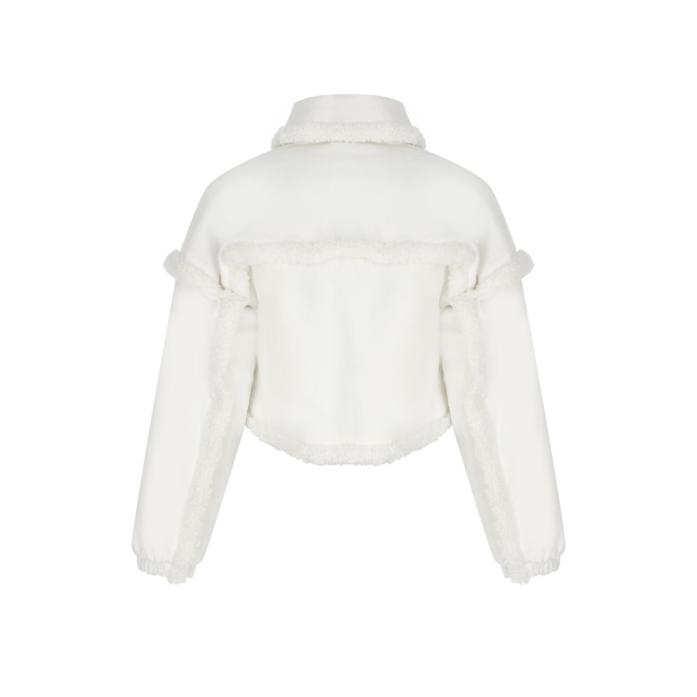 White Cotton Teddy-Detailed Short Coat. 100% COTTON/100% TEDDY POLYESTERA.