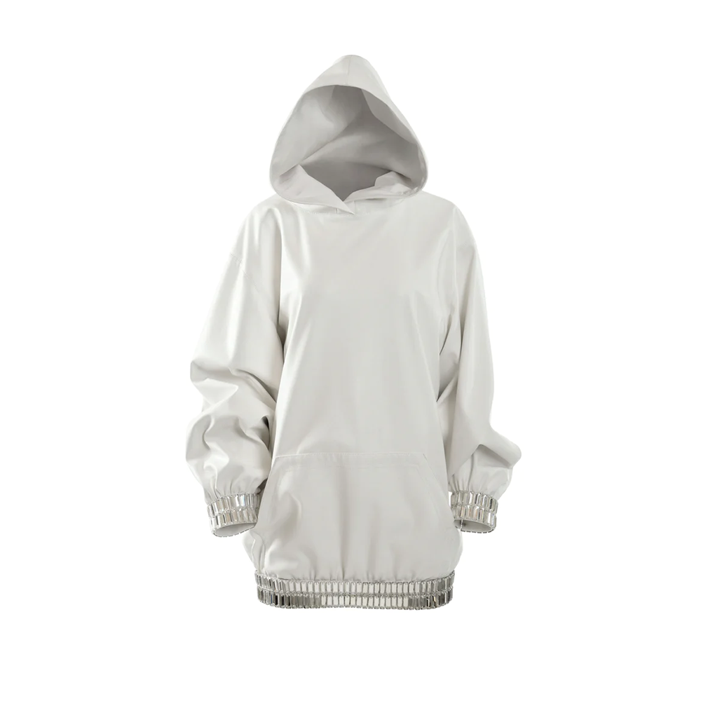 A white leather designer hoodie dress with baguette embroidered sleeve cuffs and hem.