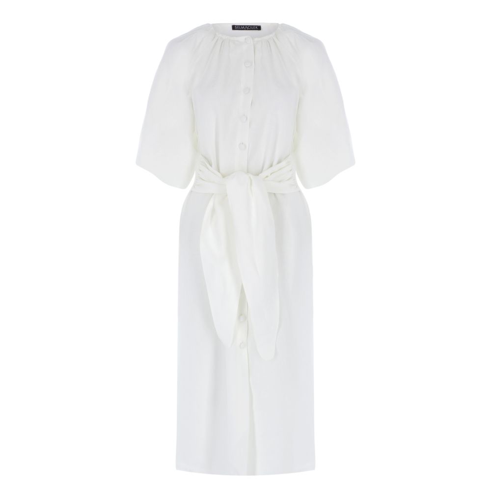 WHITE PRINCESS-SLEEVE LINEN MIDI SHIRT DRESS 100% LINEN (Eco-Friendly)