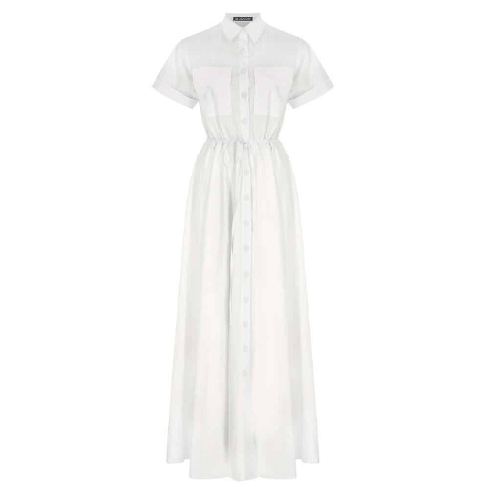 WHITE TIE-DETAILED MAXI SHIRT DRESS 100% Cotton