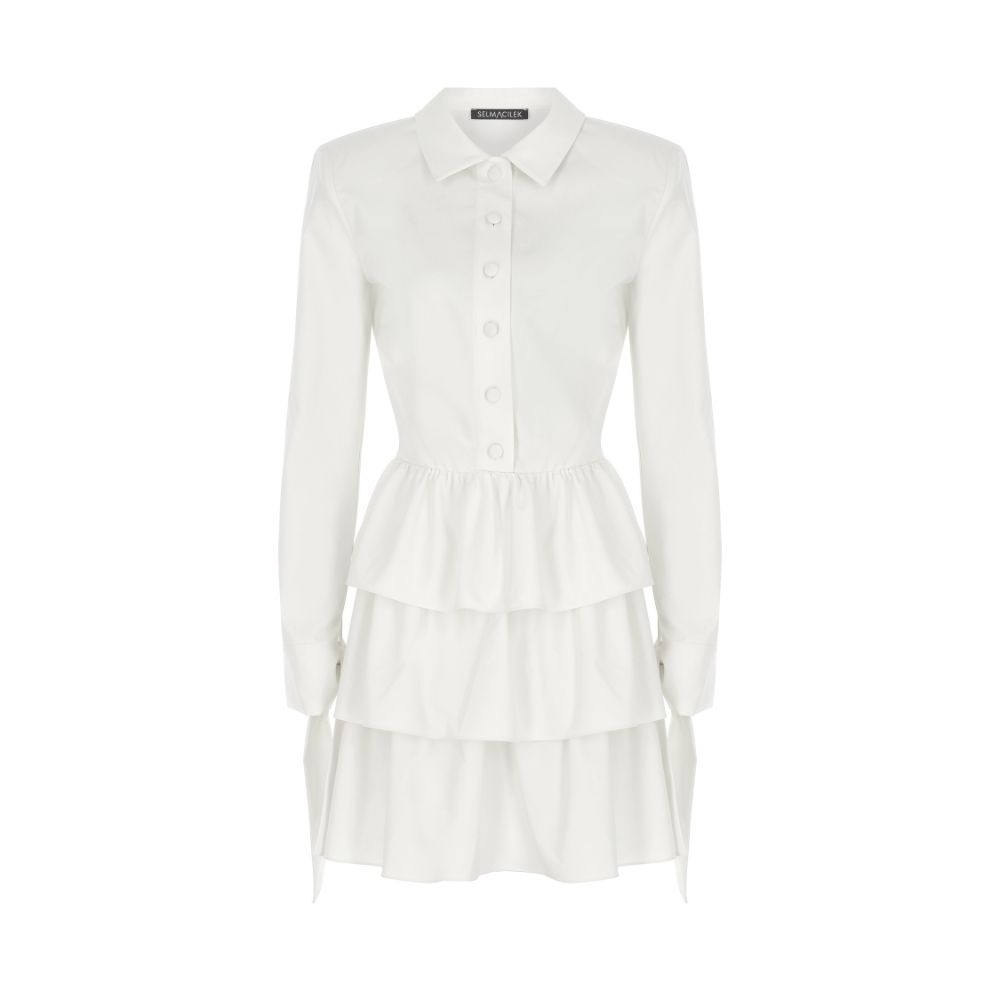 WHITE TIE-DETAILED MINI RUFFLED DRESS 50% Viscose / 50% Polyester