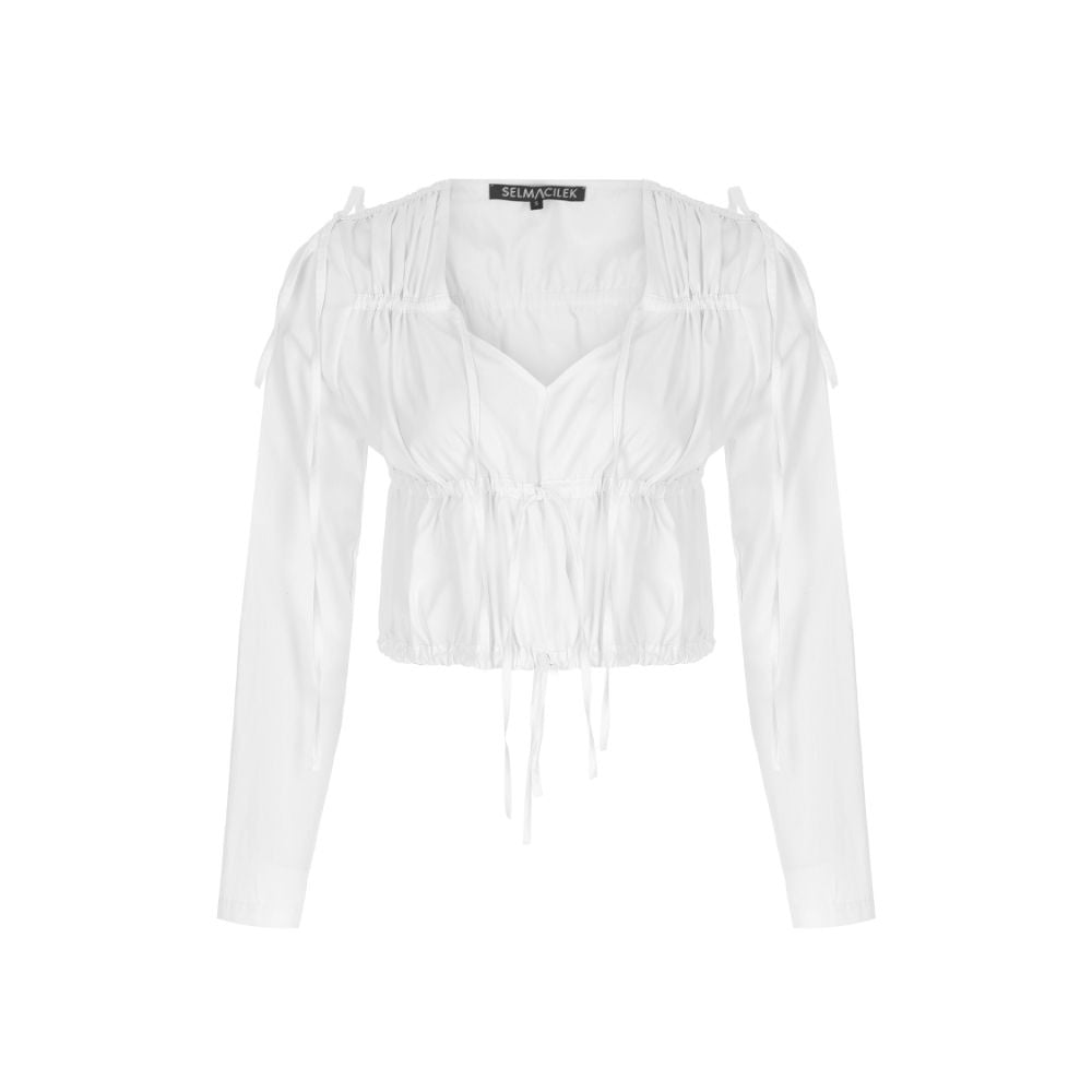 White Tie-Detailed Poplin Crop Blouse. 100% COTTON.