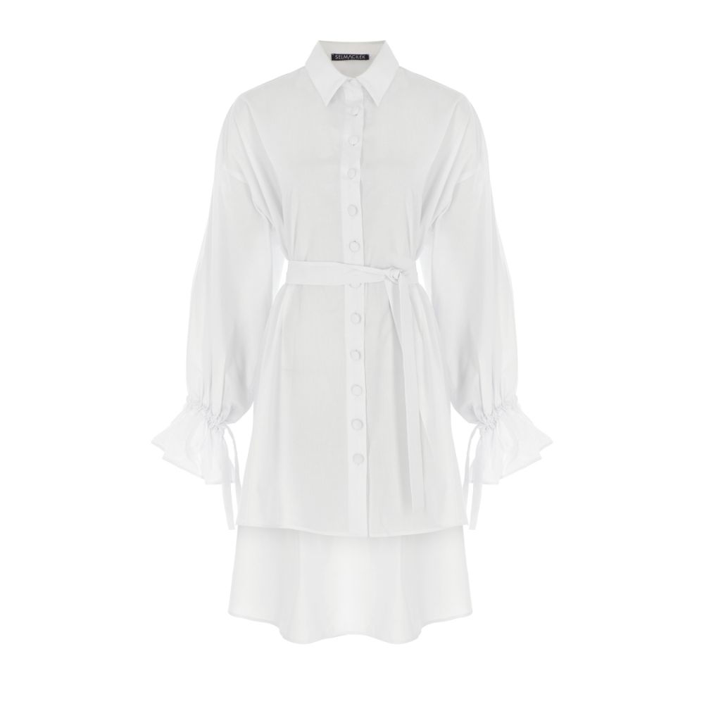 WHITE TIE-DETAILED POPLIN MINI DRESS 100% COTTON.