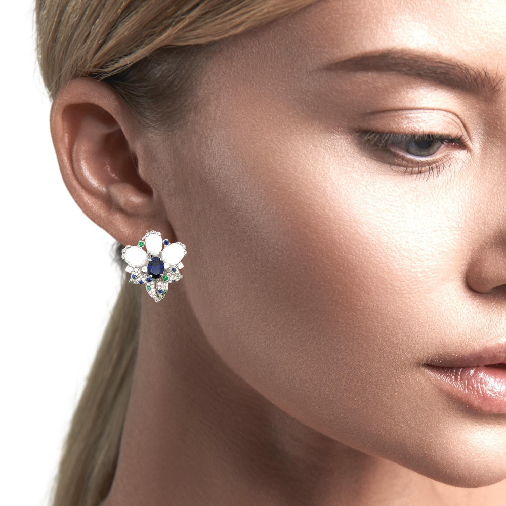 Shop online premium sterling silver opal earrings with blue sapphire and CZ stones.