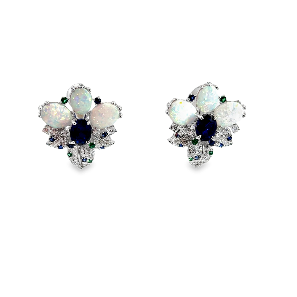 Shop online premium sterling silver opal earrings with blue sapphire and CZ stones.