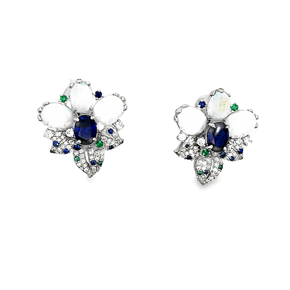 Shop online premium sterling silver opal earrings with blue sapphire and CZ stones.