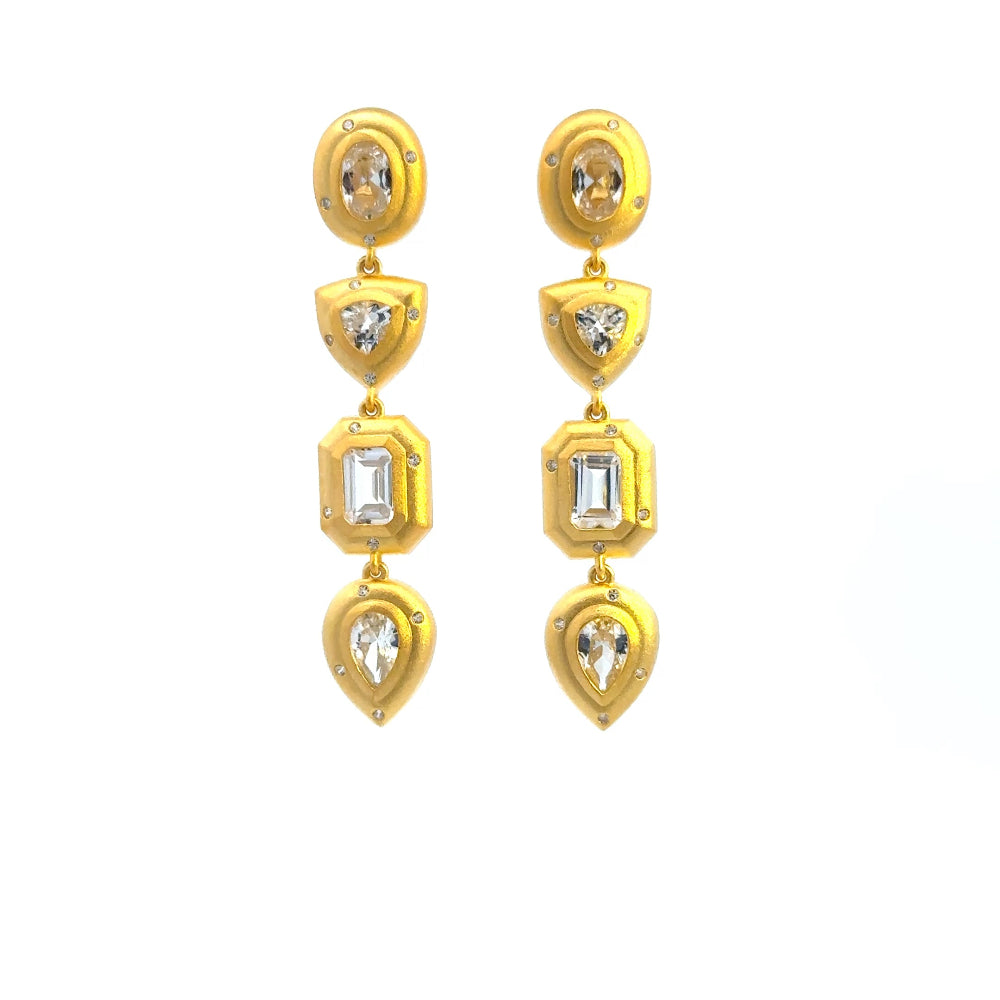 Shop online premium 18K gold shoulder duster earrings with white sapphire and CZ stones.