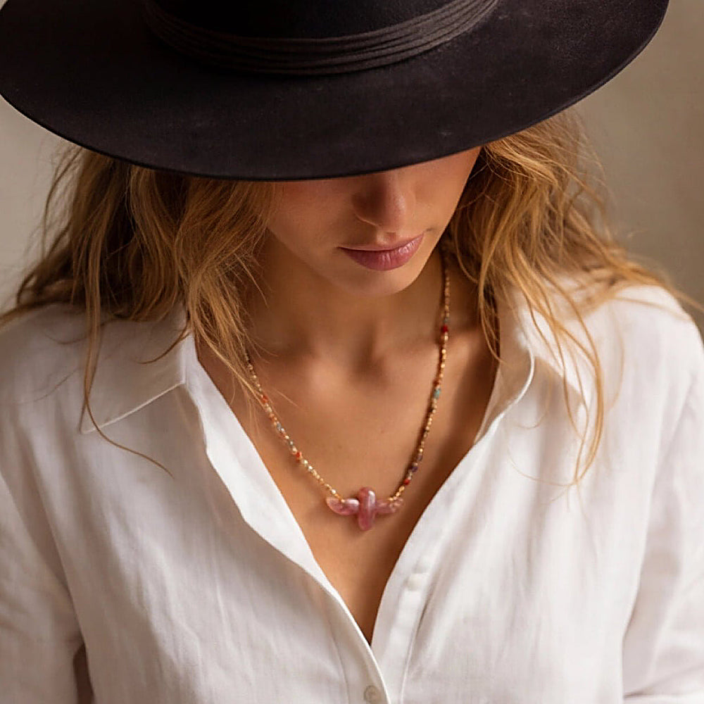 Discover the Wildwing Strawberry Quartz Eagle Necklace at The Luxe Maison, featuring natural gemstones and 18K gold-plated accents.