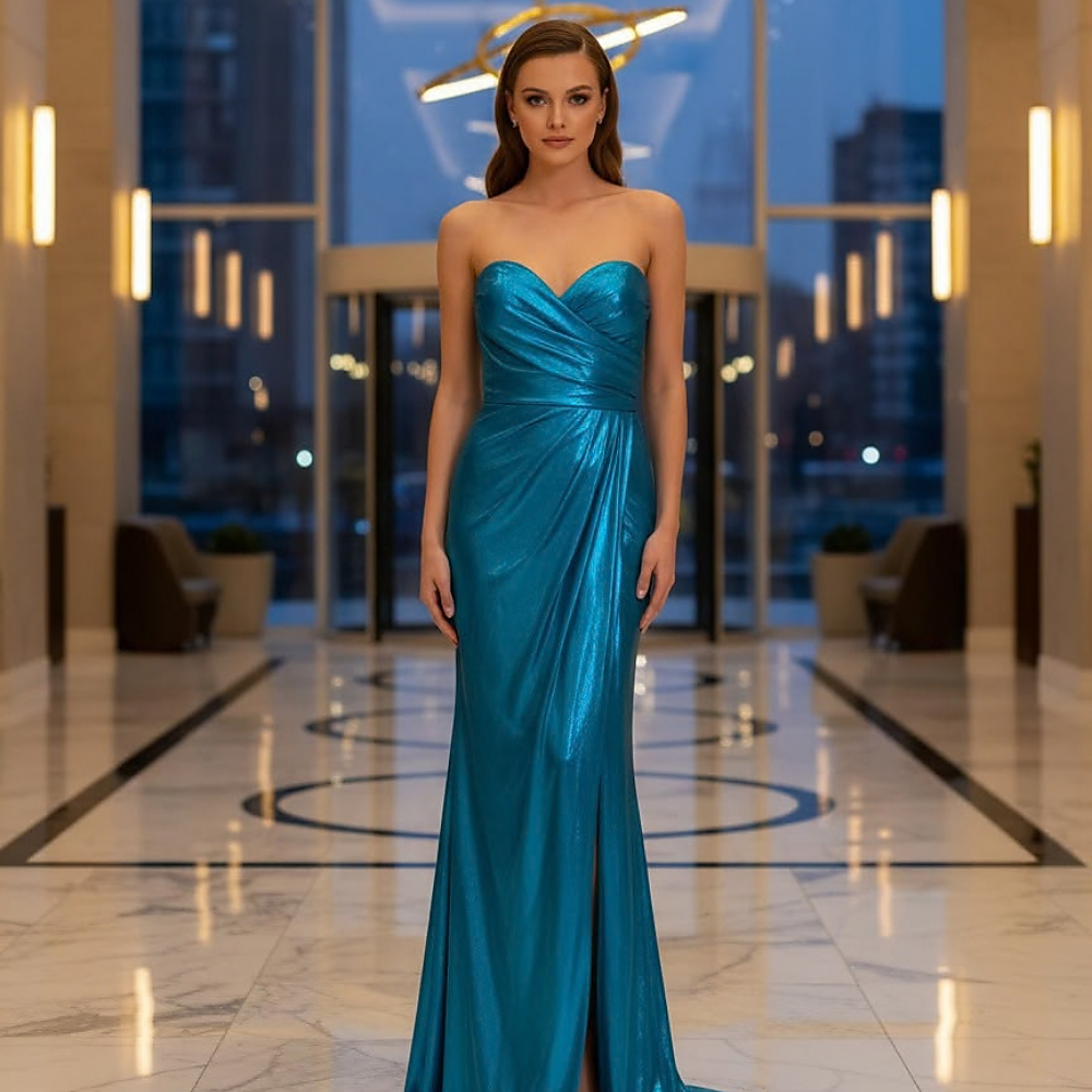 Shop online from our exclusive website. Discover the Willow metallic teal blue evening gown featuring a flattering floor-length silhouette, shimmering finish, and timeless elegance for weddings, galas, and special occasions.