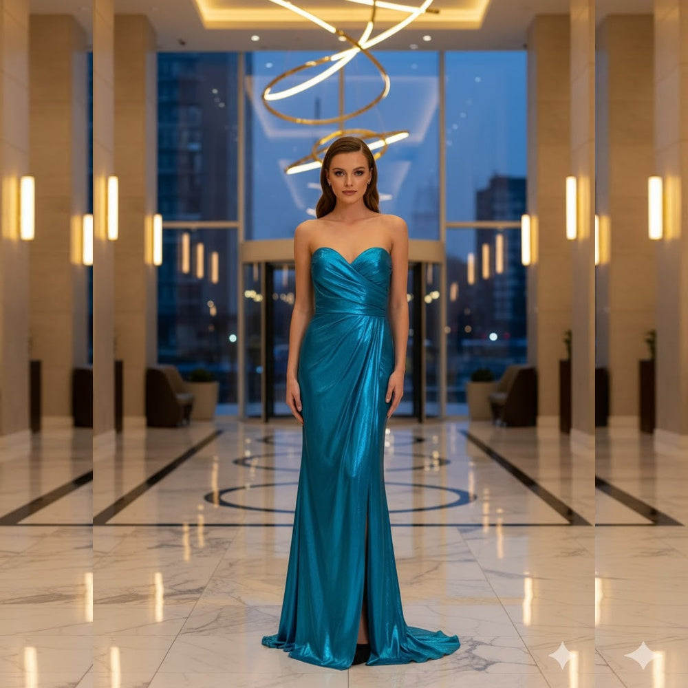 Shop online from our exclusive website. Discover the Willow metallic teal blue evening gown featuring a flattering floor-length silhouette, shimmering finish, and timeless elegance for weddings, galas, and special occasions.