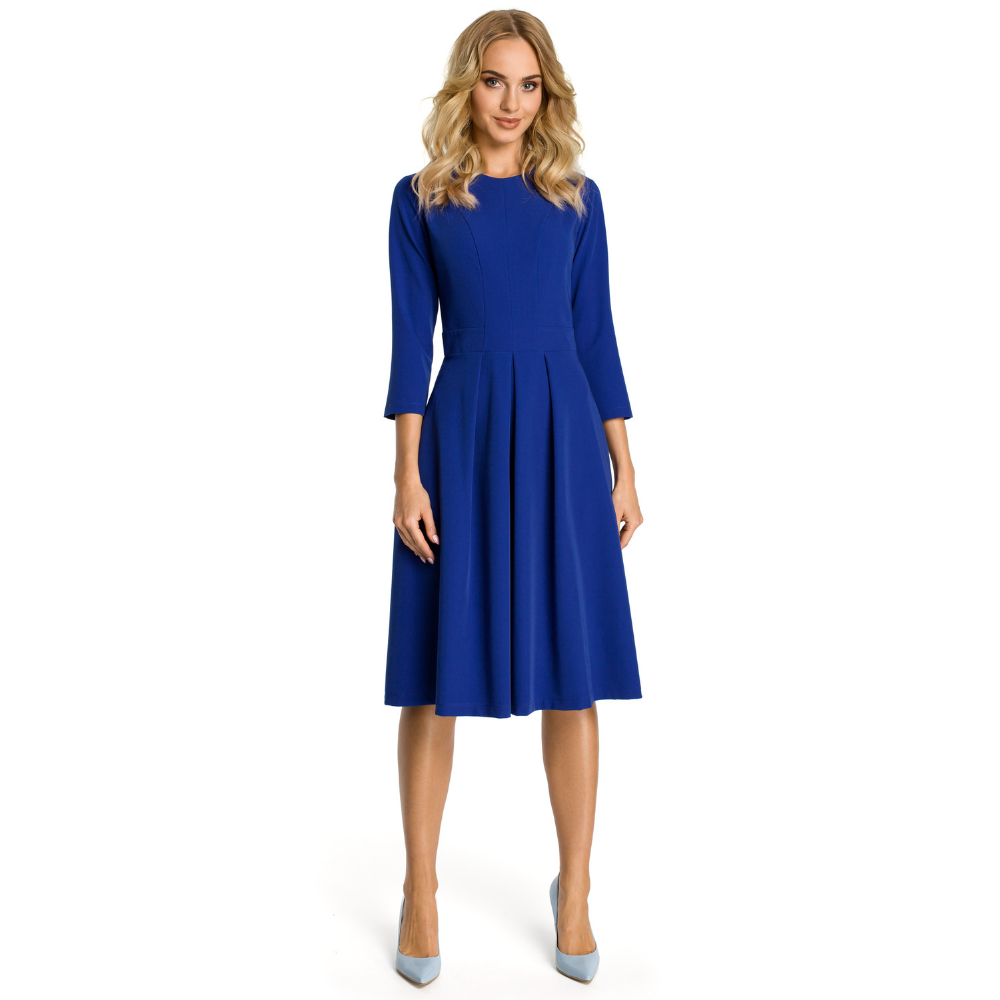 Woven fabric; fit and flare cut; below knee length; front pleats below the waist band; three-quarter sleeves.