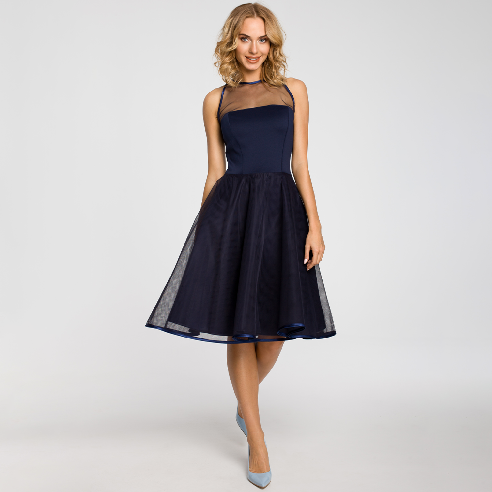 Woven fit &amp; flare knee-length dress, mesh yoke/skirt, seam-stitched, tied keyhole back.