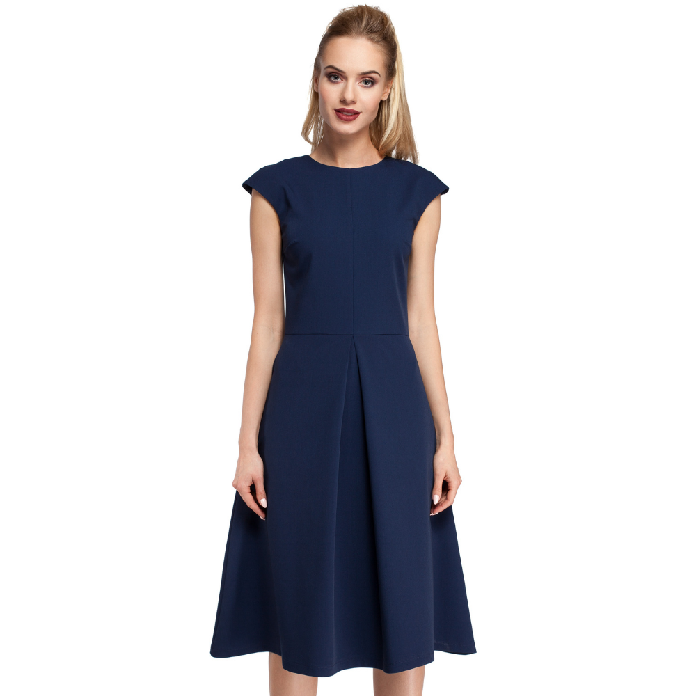 Woven fabric; midi length dress; fitted bodice; cap sleeves; A line skirt with inverted pleat; hidden back zip.