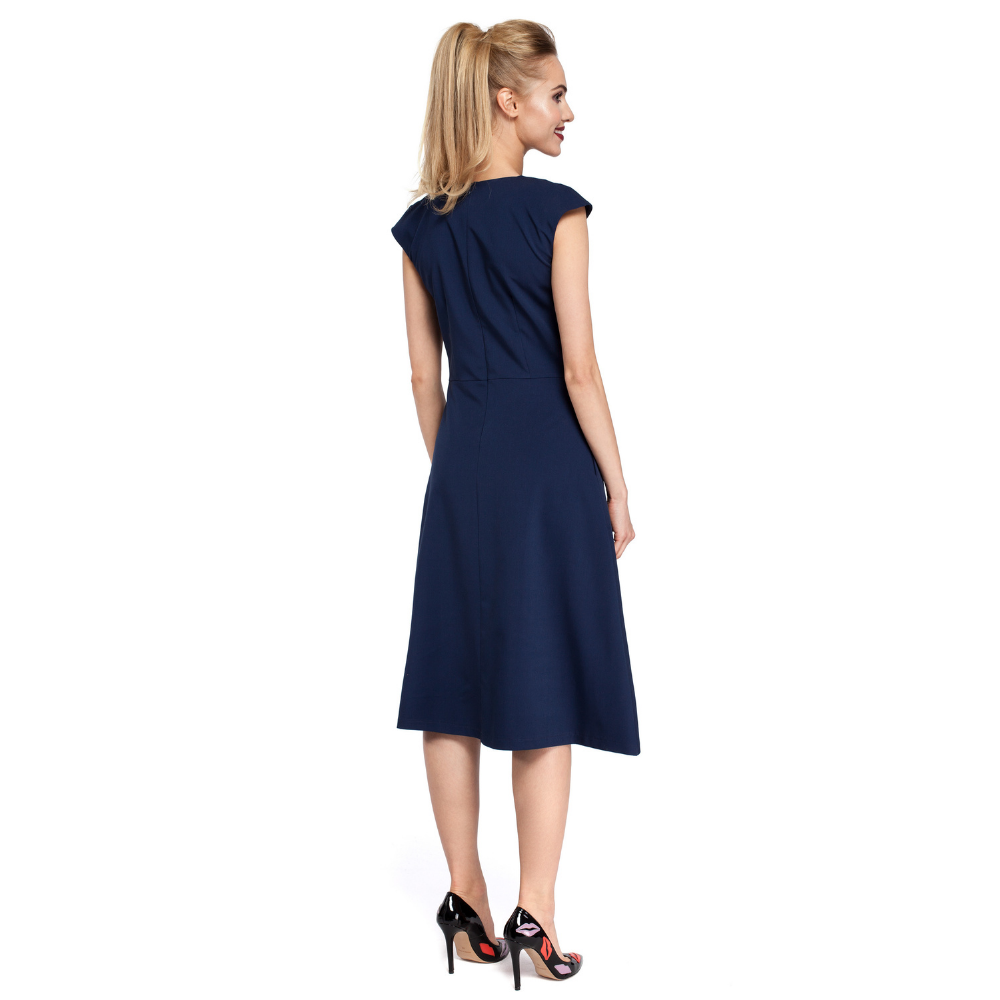 Woven fabric; midi length dress; fitted bodice; cap sleeves; A line skirt with inverted pleat; hidden back zip.