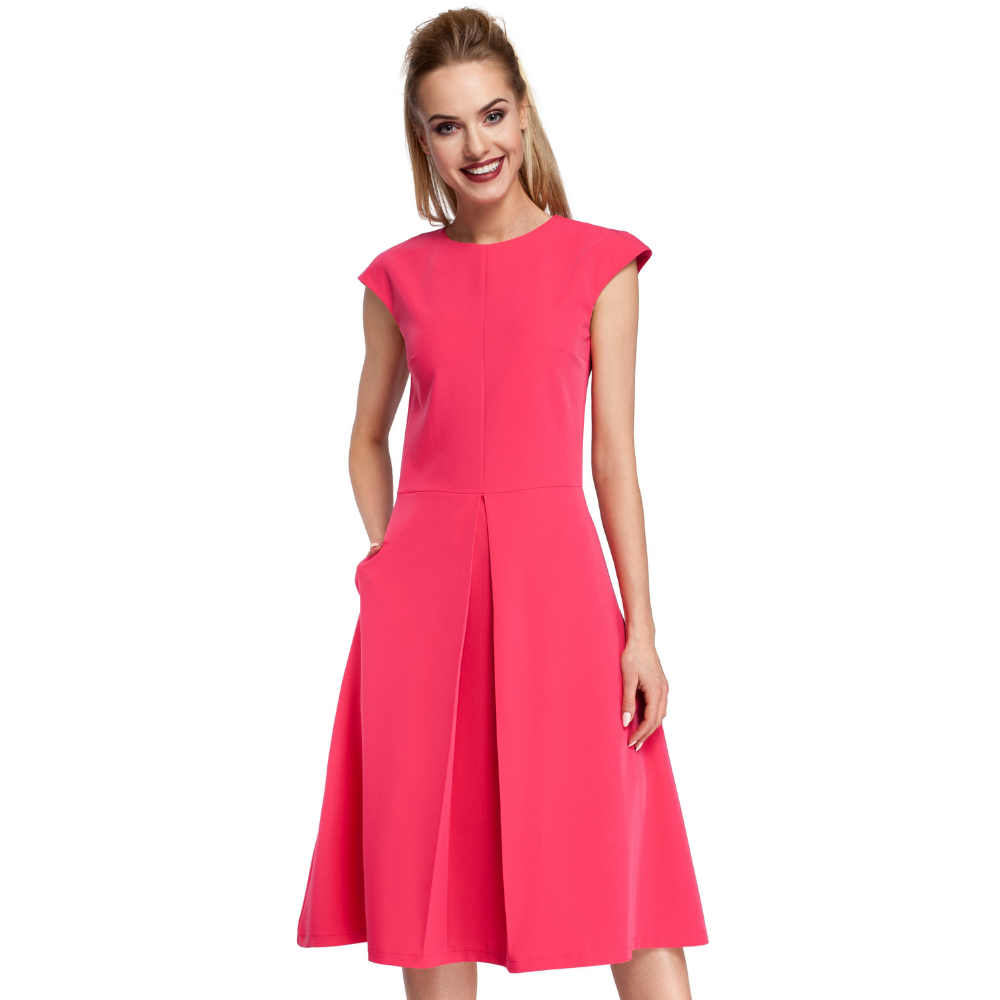 Woven fabric; midi length dress; fitted bodice; cap sleeves; A line skirt with inverted pleat; hidden back zip.