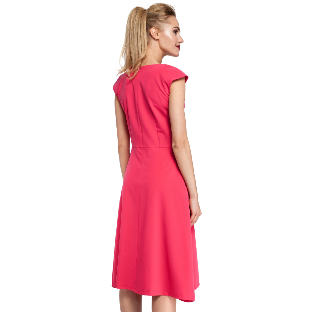 Woven fabric; midi length dress; fitted bodice; cap sleeves; A line skirt with inverted pleat; hidden back zip.