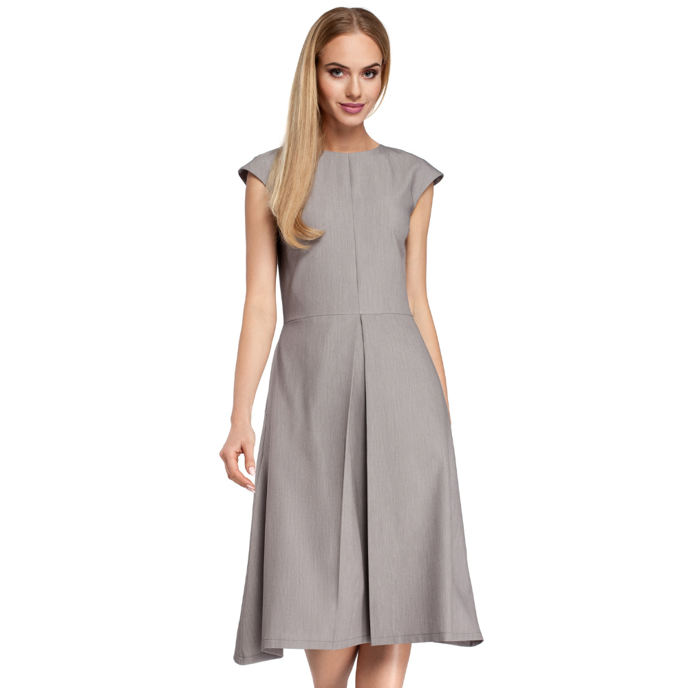 Woven fabric; midi length dress; fitted bodice; cap sleeves; A line skirt with inverted pleat; hidden back zip.