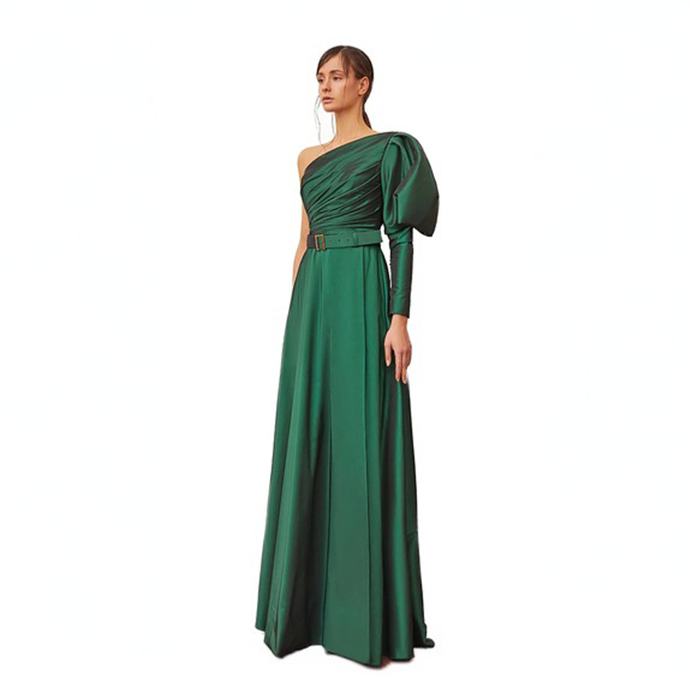 One side off shoulder another side puffy shoulder full sleeves wrinkled fitted bodice. Pleated lower bodice with belt.