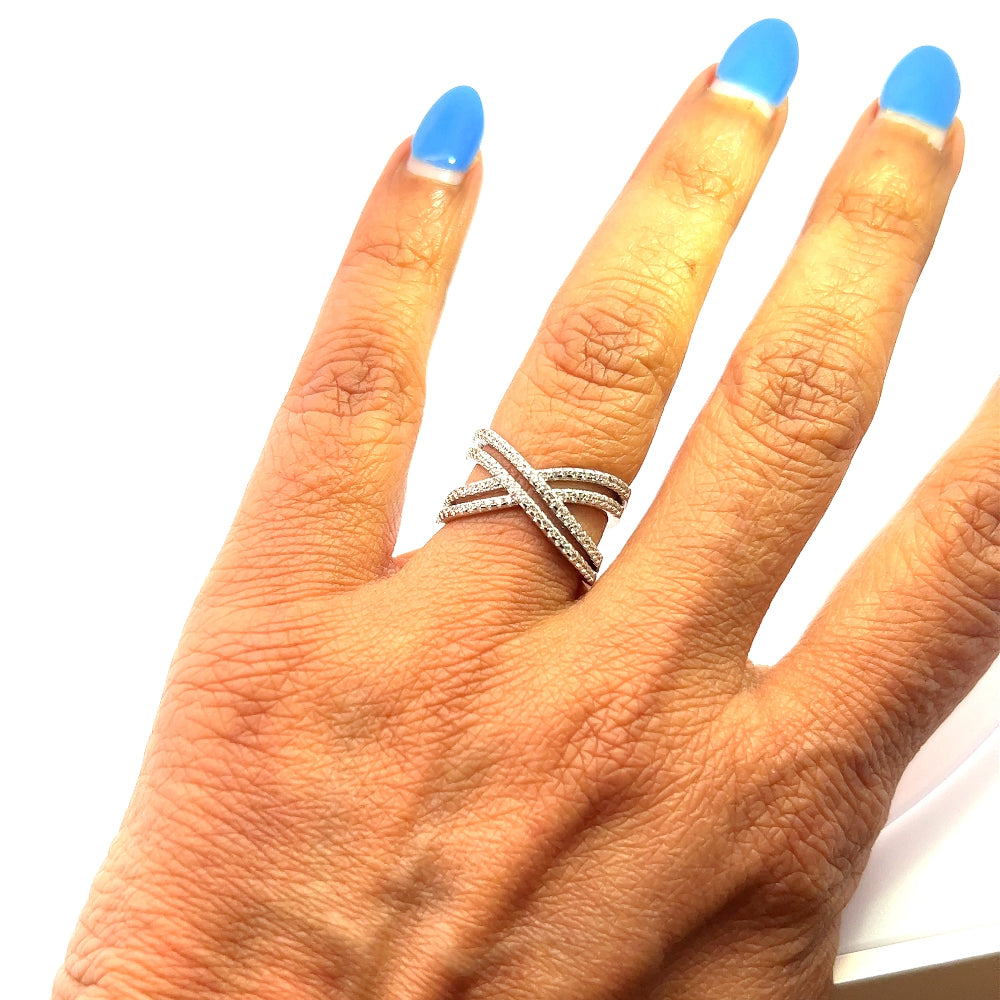 Shop online premium rhodium plated sterling silver ring with sparkling cubic zirconia stones.