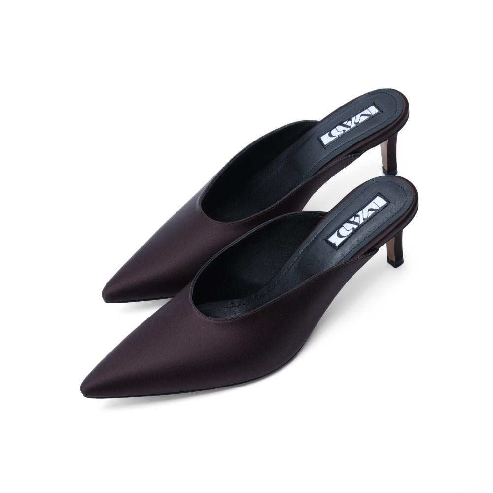 Soft satin beauty awaits in YOKO Mules in Brown Satin for those who buy mules online. Shop Now!