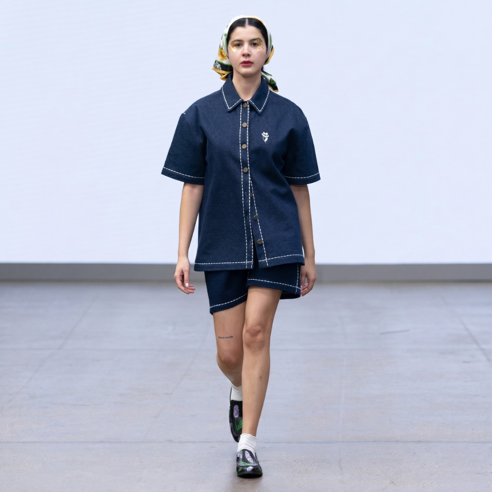Fun, playful recycled denim shirt in vibrant blue. Designed to turn heads and spark joy. Shop premium styles online.