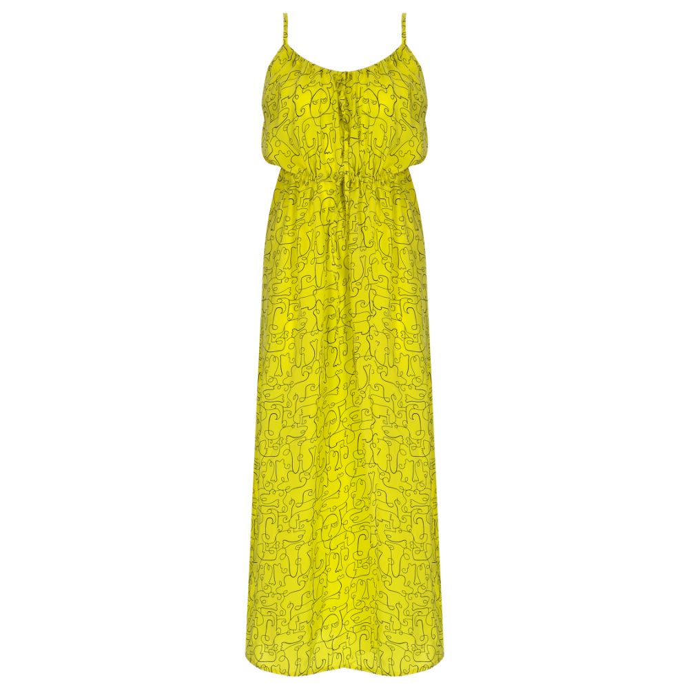 YELLOW FACE-PATTERNED MIDI DRESS WITH SLIT100% CUPRO 