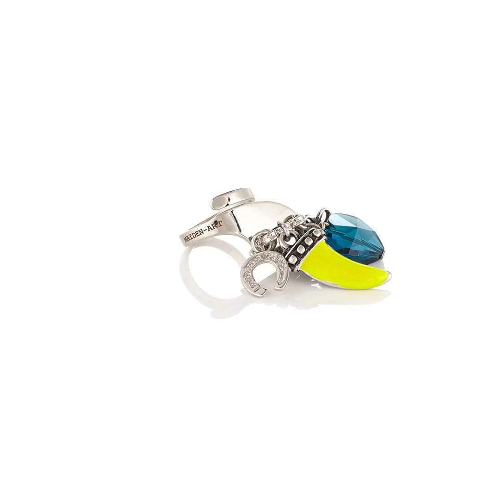 Adjustable ring made with silver-plated brass, colourful enamel charm and crystals. 