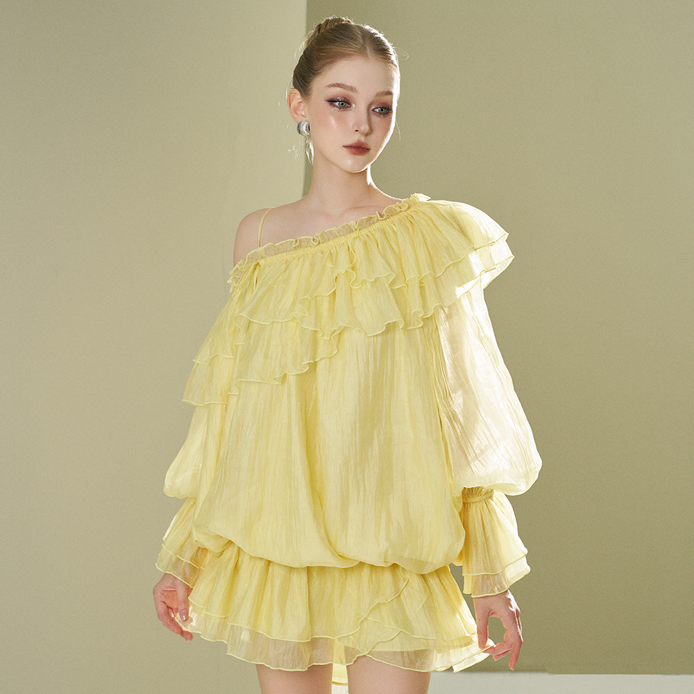 Yellow Ruffled Neck Dress With Low- Waist